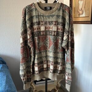 TSR Men's Crewneck Cotton  Vintage Sweater in Olive Green, Rust & Cream